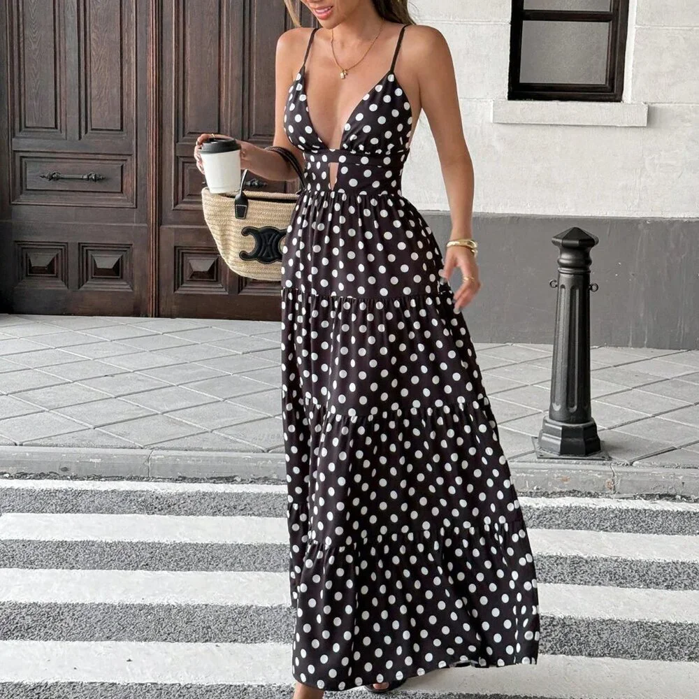 Black And White Boho Women's Loose Polka Dot Spaghetti Strap Patchwork Hem Dress - Picture 3 of 6